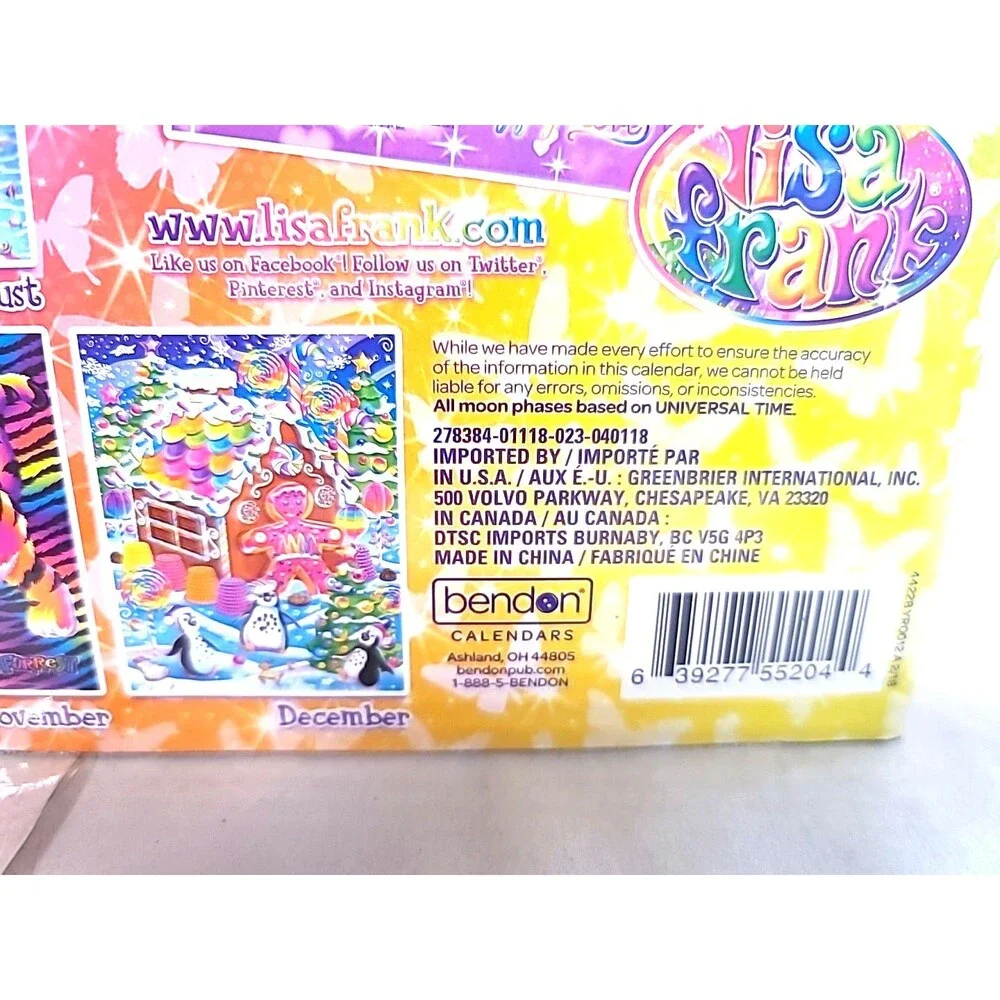 NEW Sealed Lisa Frank New 2019 Calendar 12 Month Wall Hanging Year